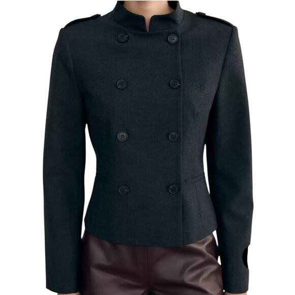 Zara Fitted Blazer Jacket with Tabs Medium Dark Gray Academia Double Breasted - Picture 3 of 16